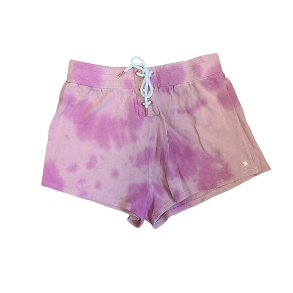 Volcom Tie Dye Pink & White Soft Fleece Front Tie Shorts Women's Size Medium - Picture 1 of 6